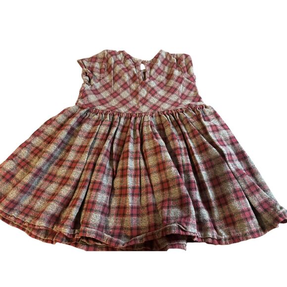Girls Toddler Size 4T Old Navy Maroon Gray Cotton Plaid Pleated Dress Cap Sleeve - Picture 2 of 5